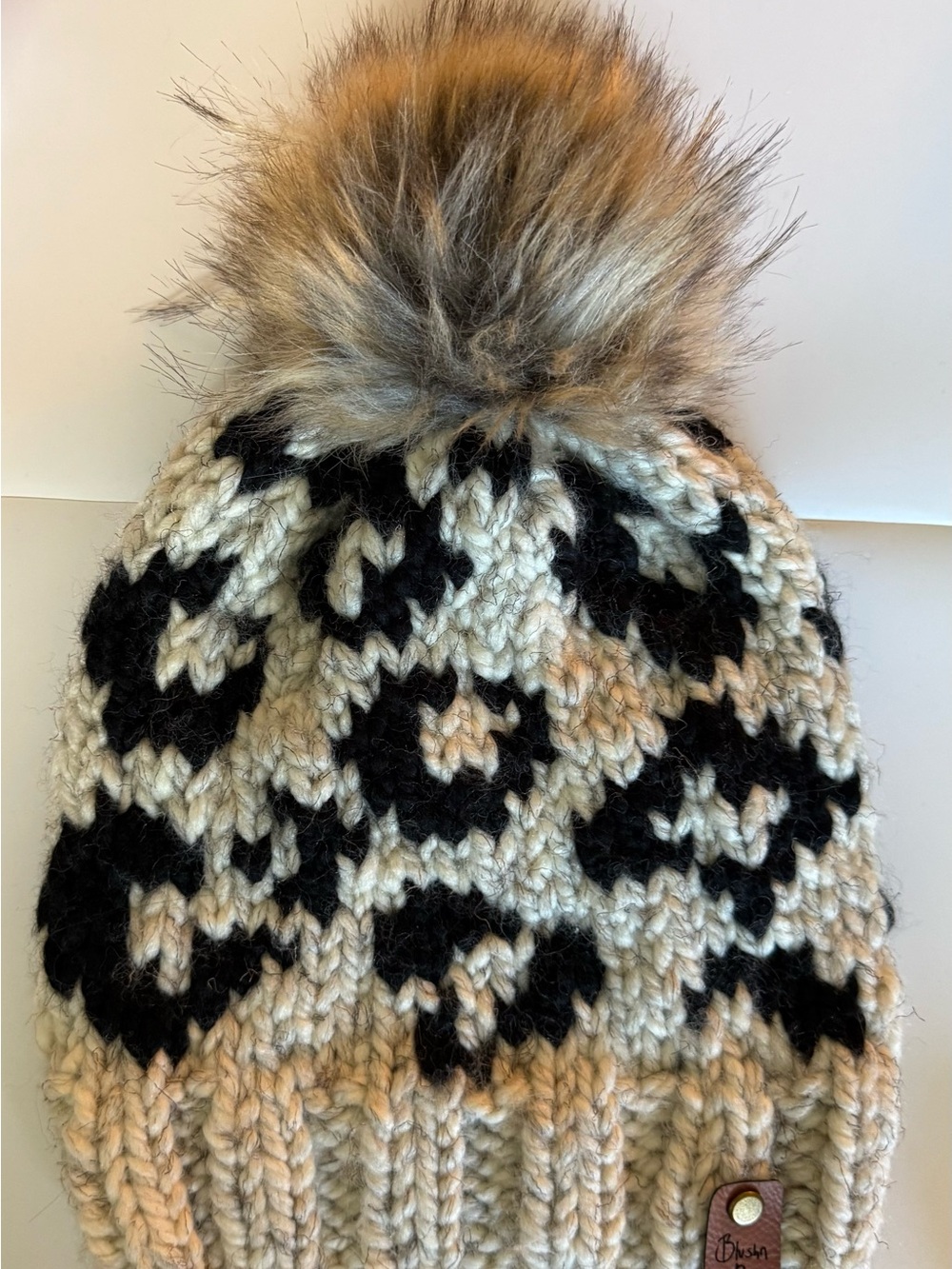 Chunky Knit Leopard Pom Beanie - Black & Cream